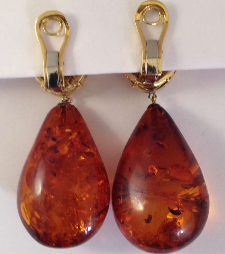 Women's 1960's Large Teardrop Amber Gold And Diamond Hanging Earclip Earrings