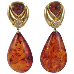 Vintage 1960's Large Teardrop Amber Gold And Diamond Hanging Earclip Earrings