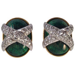 1960s Gold Green Enamel And Diamond Criss Cross Earclips