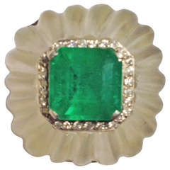 Emerald Diamond Frosted Fluted  Rock Crystal Cocktail Ring