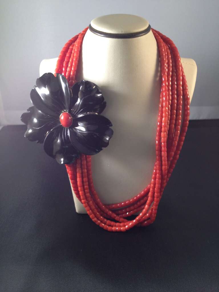 6 Strand High Quality, Oxblood Faceted Coral Necklace Embellished With A 3