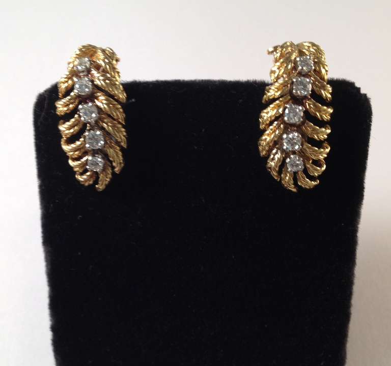 18 Kt. Yellow Gold And High Quality, Full Cut Diamond Feather Earclips With Posts. Made In France, Circa 1950's.