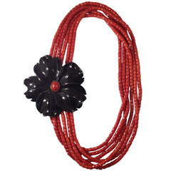 Vintage 1960's Gold, Oxblood Coral And Onyx Flower Necklace With Detachable Brooch.