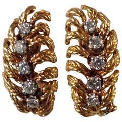 French Gold and Diamond Feather Earclips With Posts