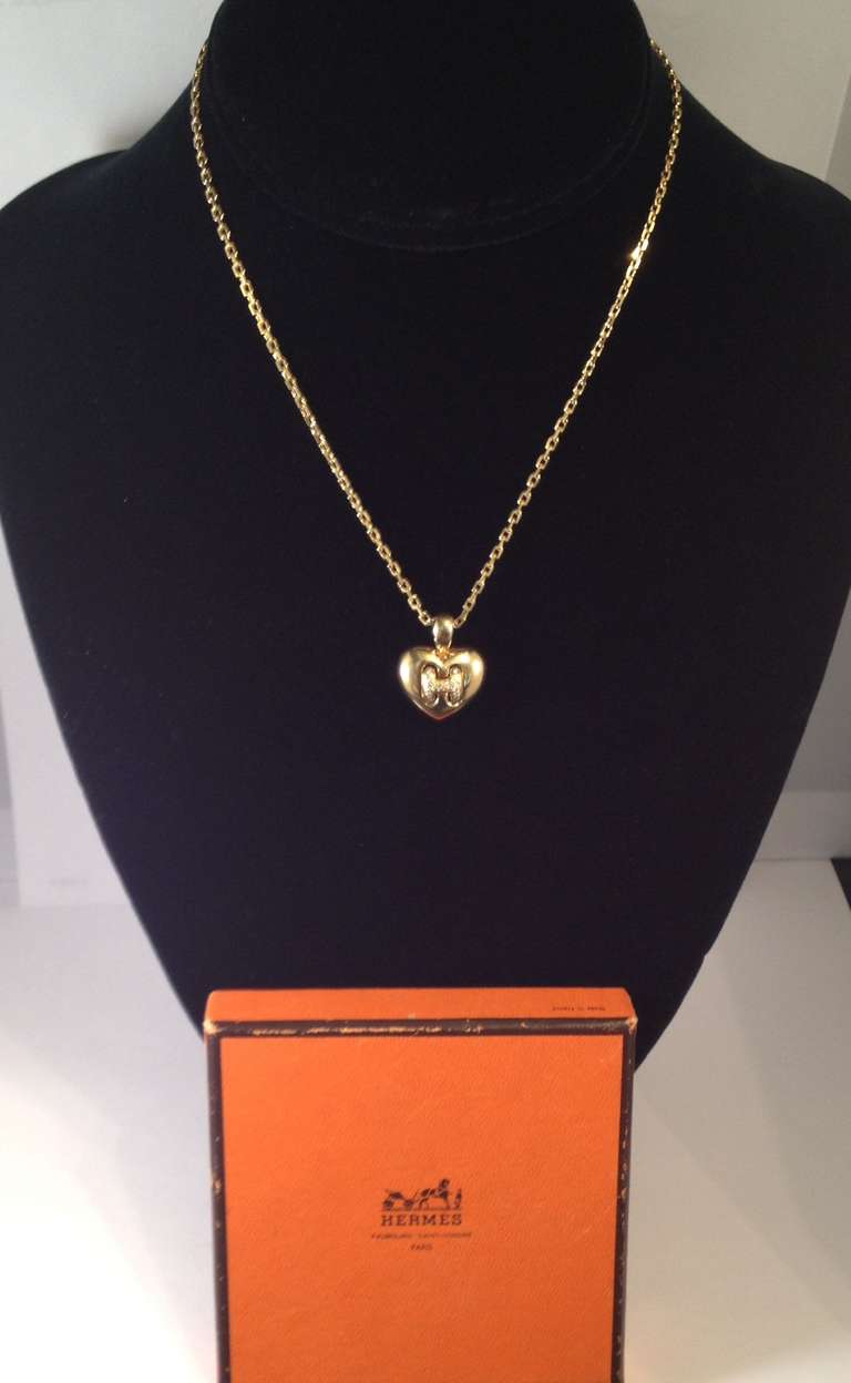 Hermes Paris Diamond Gold Heart Pendant In Excellent Condition In New York, NY