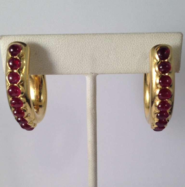 18 Kt Yellow Gold And Cabachon Ruby Wearable Hoop Earrings With Clip On Backs With Posts. Total Weight Of Rubies, Approximately 6 Cts. American Made, Circa 1940's.