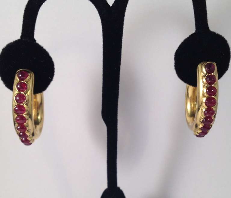 Chic Gold  And Cabochon Ruby Clip On Hoop Earrings With Posts In Excellent Condition In New York, NY
