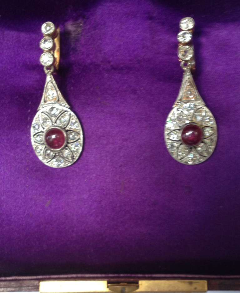 Women's Art Deco Cabochon Ruby Diamond Platinum Drop Earrings