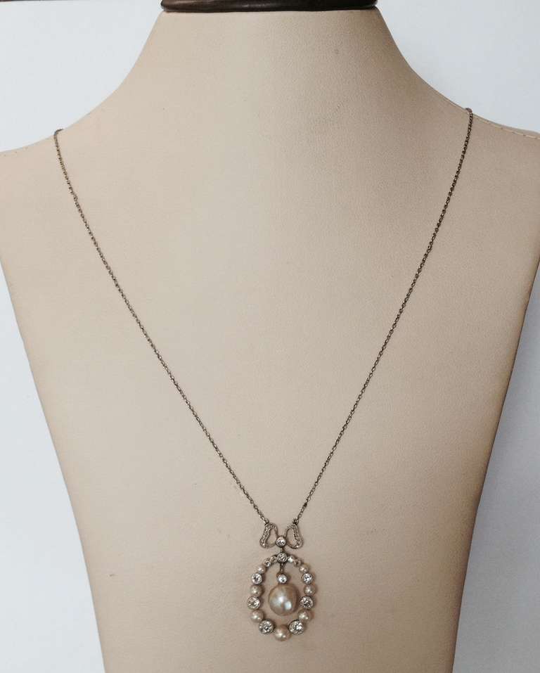 Edwardian Delicate Diamond And Natural Pearl Pendant Necklace With Bow