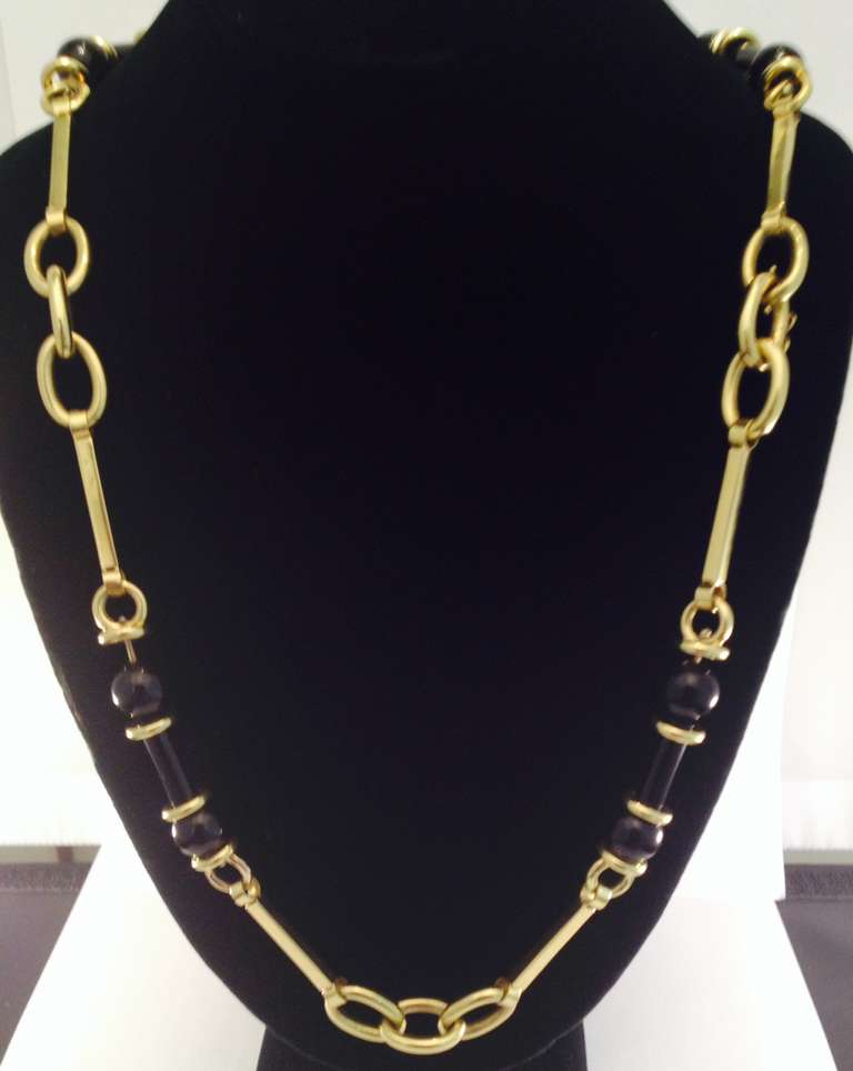 Women's Barrel Cut Onyx and Gold Link Adjustable Length Chain Necklace For Sale