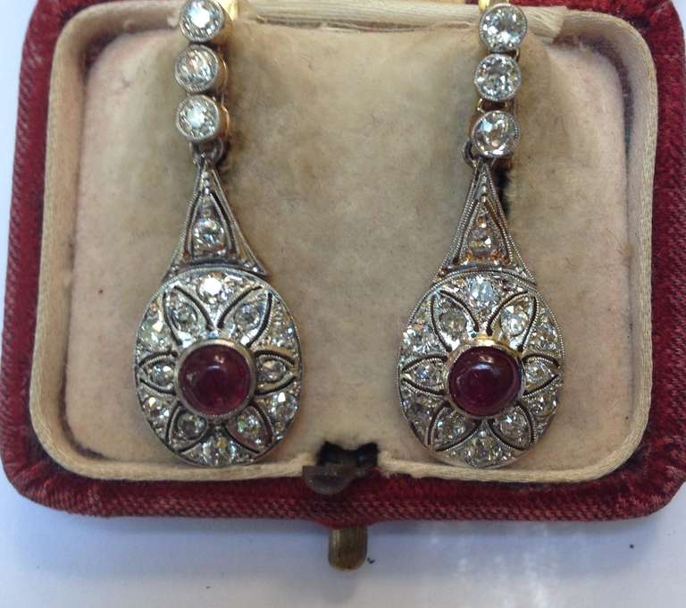 Art Nouveau Art Deco Cabochon Ruby Diamond Platinum Drop Earrings