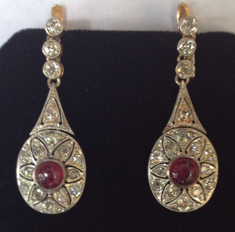 Art Deco Cabochon Ruby Diamond Platinum Drop Earrings 1
