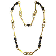 Barrel Cut Onyx and Gold Link Adjustable Length Chain Necklace