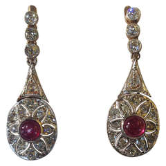 Antique Art Deco Cabochon Ruby Diamond Platinum Drop Earrings