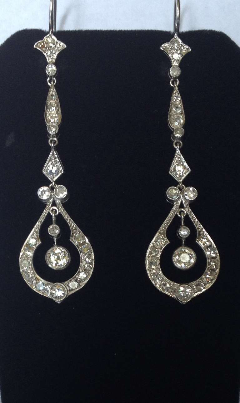 Women's Art Deco Long Dangle Platinum Diamond Drop Earrings