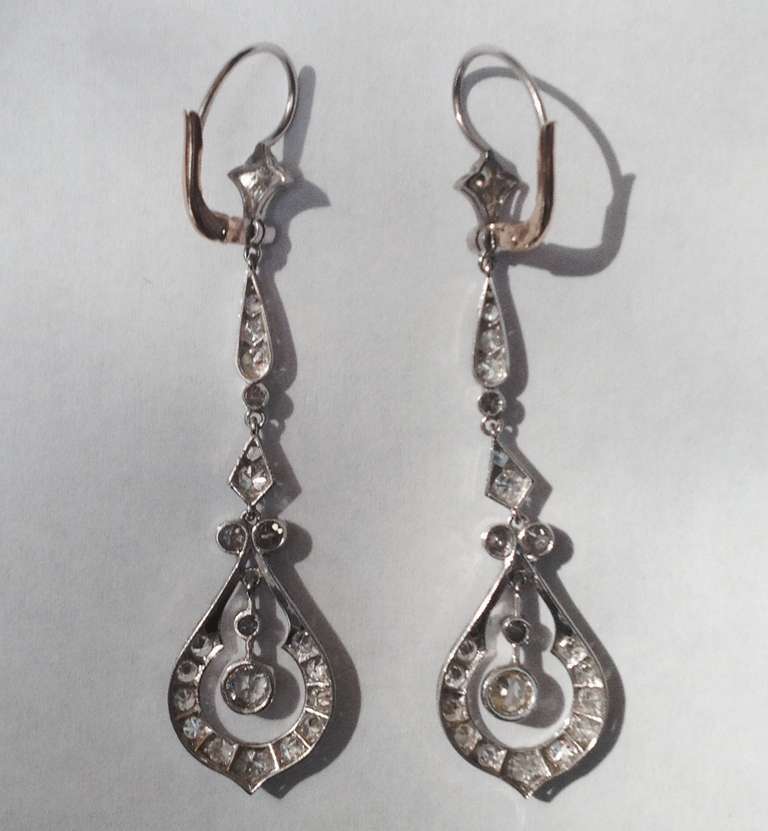 Art Deco Long Dangle Platinum Diamond Drop Earrings 1