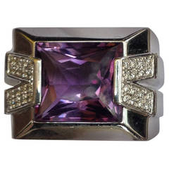 Versace 1990s Amethyst Diamond White Gold Square Ring