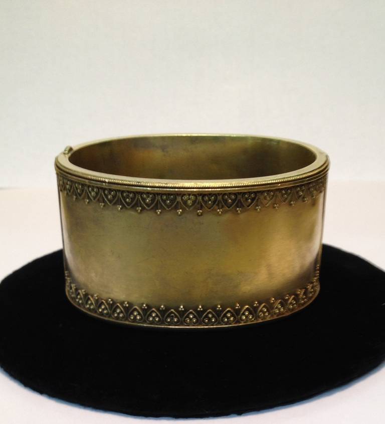 15KT Handmade, Victorian Gold, Cuff Bangle With Unique, Raised Filagree Trim On Top And Bottom, Over 100 Years Old, Circa 1890's From England.