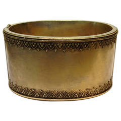 Antique 1890's Victorian Gold, Hinged Cuff Bangle With Filagree Trim.