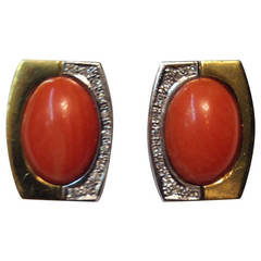 1950s Cabochon Coral Diamond Gold Ear Clips