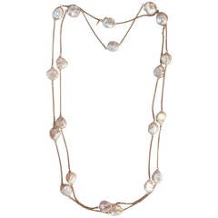 Vintage 1960's Baroque Pink Pearl By the Yard Gold Long Chain Necklace