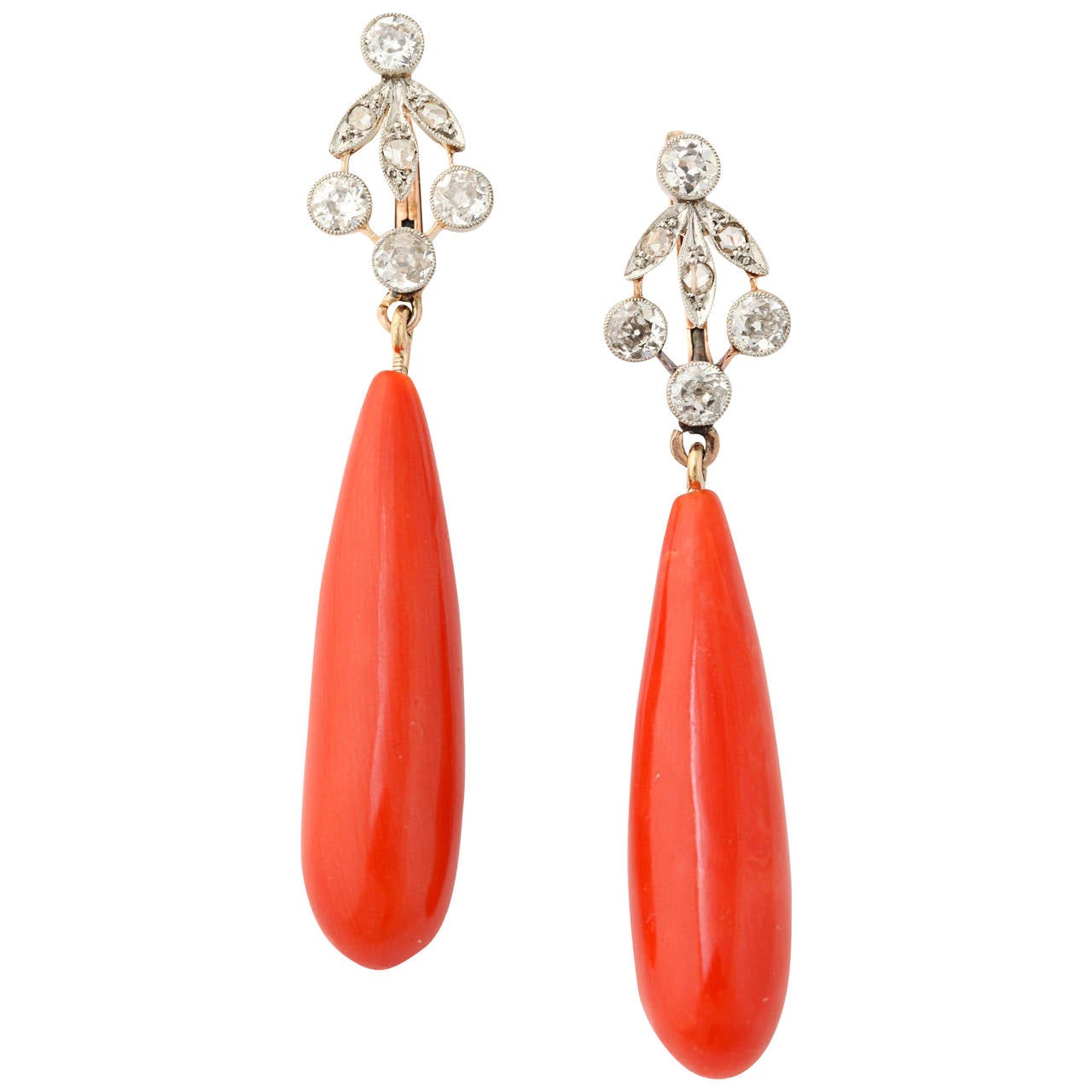 Edwardian Oxblood Coral And Diamond Elegant Drop Pendant Earrings at