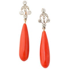 Edwardian Oxblood Coral And Diamond Elegant Drop Pendant Earrings
