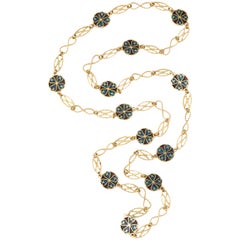 1950s Elegant Plique-A-Jour Enamel and Open Link Gold Slip On Chain