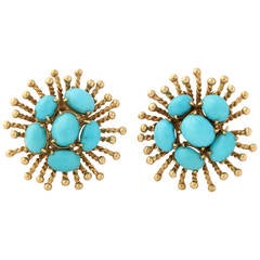 1960's Whimisical Gold Sputnik And Turquoise Cluster Stylish Earclips
