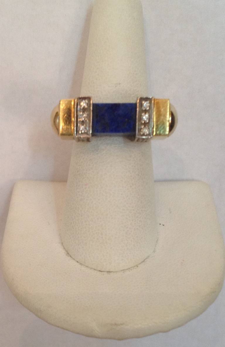 1960s High Style Lapis Lazuli Diamond Gold Architectural Ring