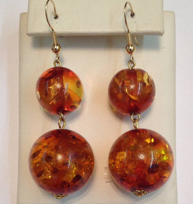 18KT Yellow Gold Pierced Large Amber Ball Earrings With Shepherd Hook Backings, Very High Quality And Design.