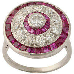 Art Deco Fancy Calibre Cut Ruby Diamond Platinum Bull's Eye Ring