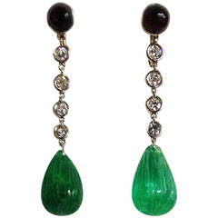 Art Deco Fluted Emerald Diamond Onyx Platinum Screwback Earrings