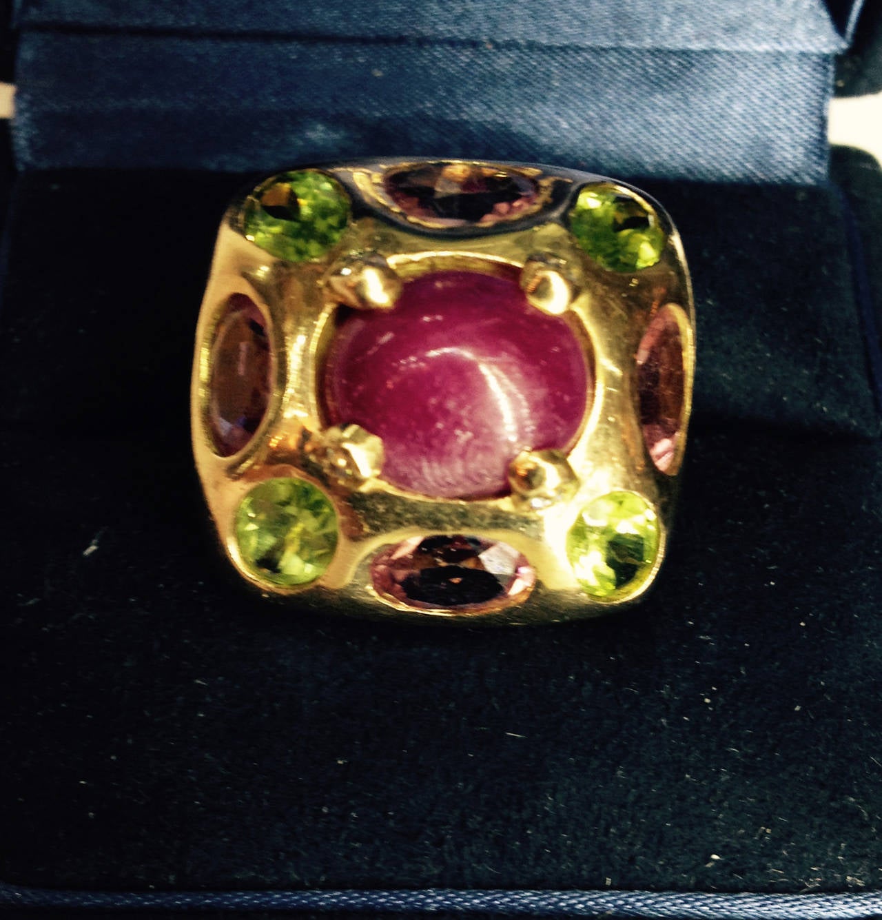 Women's Pink Tourmaline Peridot Cabochon Ruby Gold Cocktail Ring
