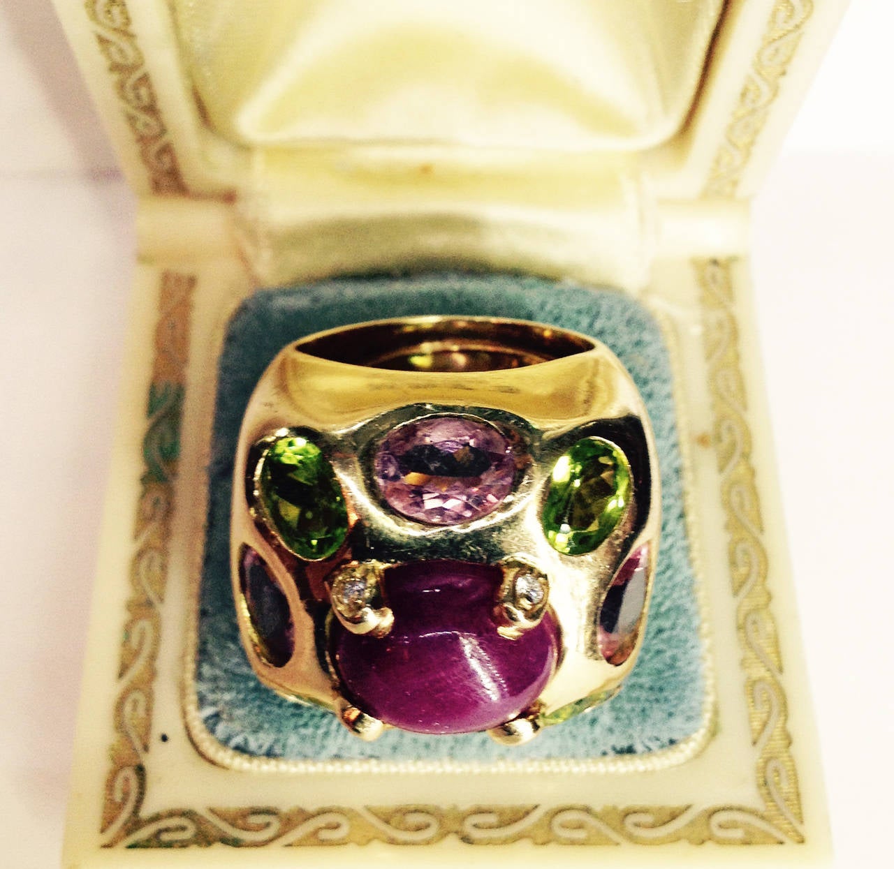 Pink Tourmaline Peridot Cabochon Ruby Gold Cocktail Ring In Excellent Condition In New York, NY
