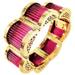 Barrel Cut Pink Tourmaline Gold Sculpted Link Bracelet