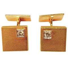 Engine Turned Diamond Yellow Gold Square Cufflinks