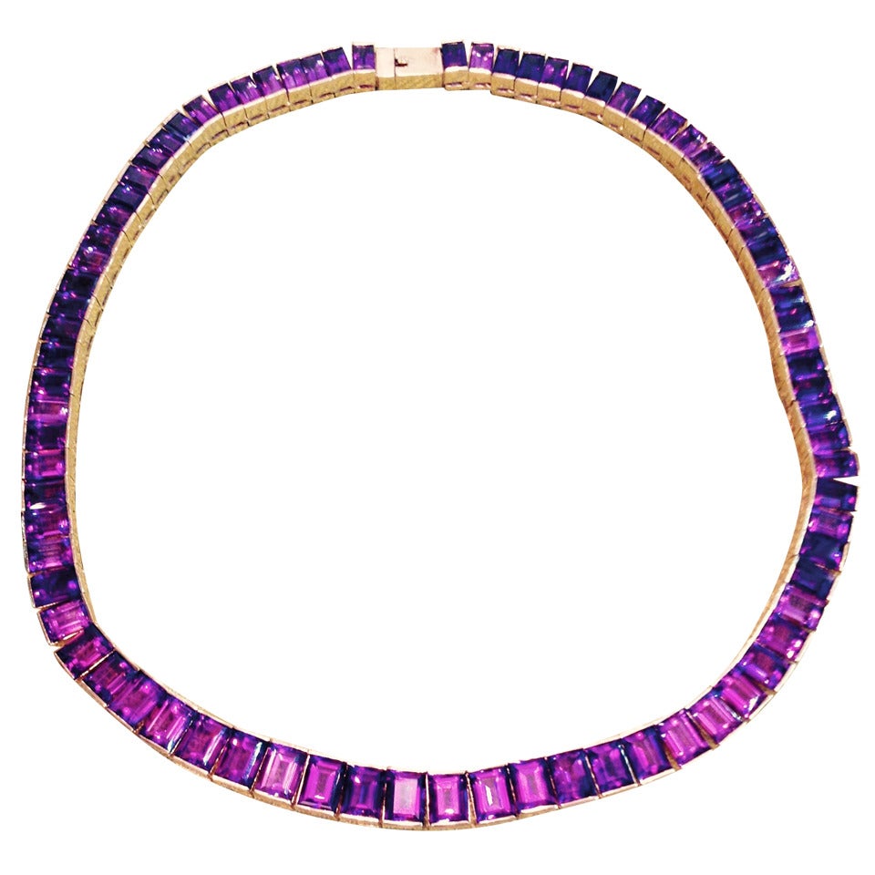 Baguette Cut Intense Color Amethyst Gold Straightline Necklace