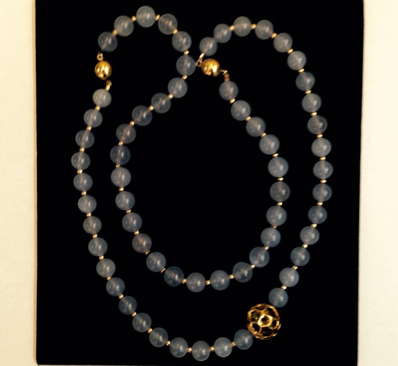 Tiffany & Co. Blue Chalcedony Gold Ball Chain Necklace In Excellent Condition In New York, NY