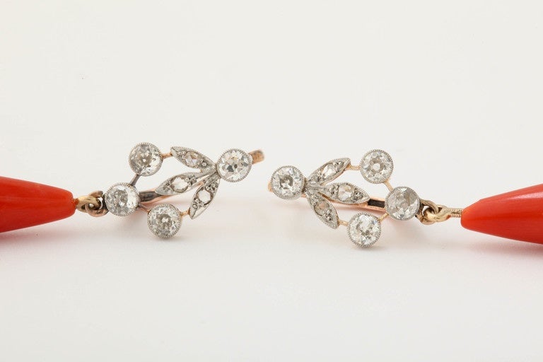 Edwardian Oxblood Coral And Diamond Elegant Drop Pendant Earrings 1
