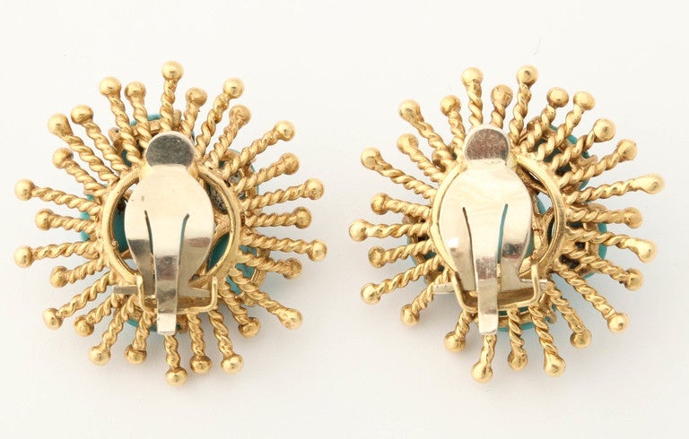 Women's 1960's Whimisical Gold Sputnik And Turquoise Cluster Stylish Earclips