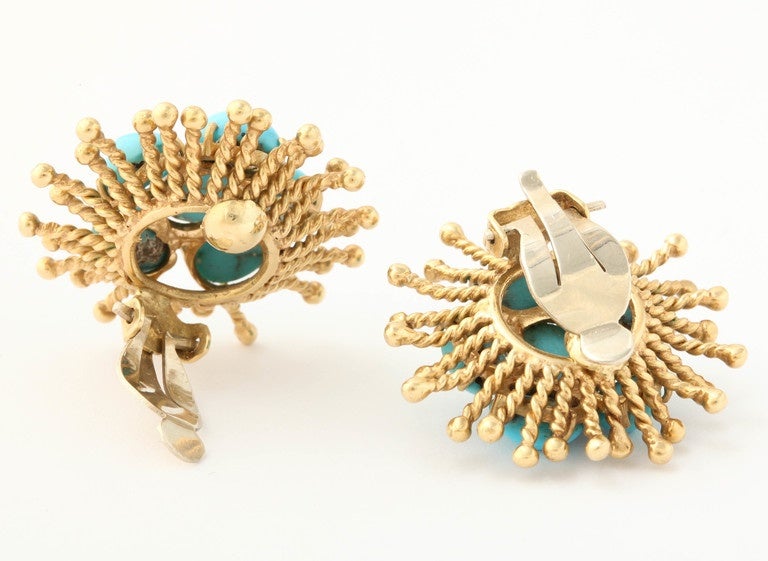 1960's Whimisical Gold Sputnik And Turquoise Cluster Stylish Earclips 1