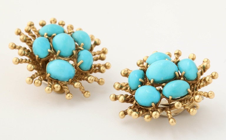 1960's Whimisical Gold Sputnik And Turquoise Cluster Stylish Earclips 2