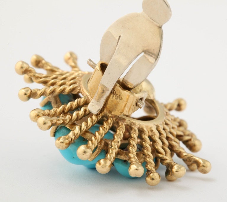 1960's Whimisical Gold Sputnik And Turquoise Cluster Stylish Earclips 3