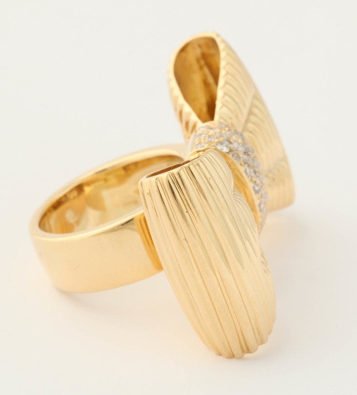 1980's Fanciful & Chic Ridged Gold & Diamond Figural Bow Cocktail Ring 1