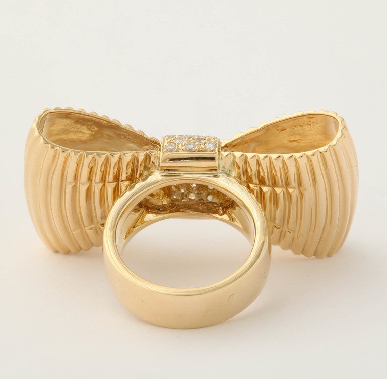 1980's Fanciful & Chic Ridged Gold & Diamond Figural Bow Cocktail Ring 2