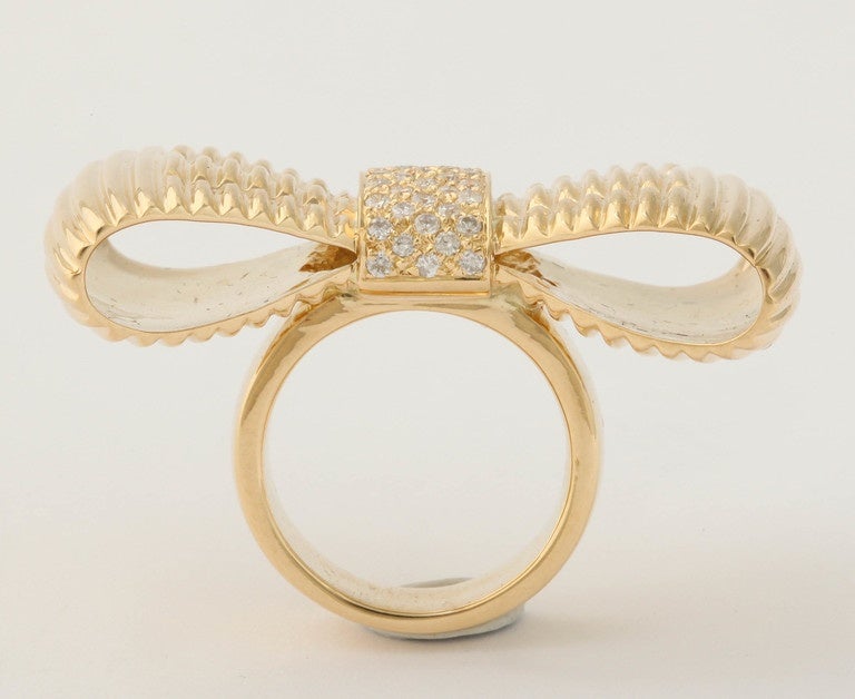 1980's Fanciful & Chic Ridged Gold & Diamond Figural Bow Cocktail Ring 3