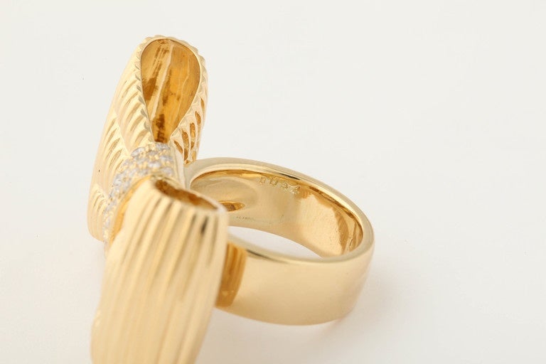 1980's Fanciful & Chic Ridged Gold & Diamond Figural Bow Cocktail Ring 5