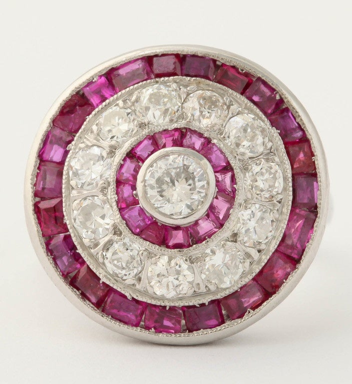 Art Deco Fancy Calibre Cut Ruby Diamond Platinum Bull's Eye Ring