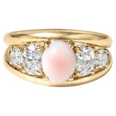 Oval Natural Conch Pearl Five Stones Ring Solid 14K Gold, Rare Unique Queen Pear
